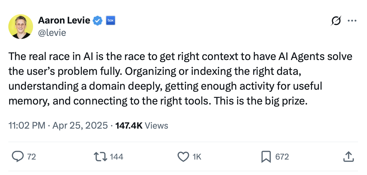 Tweet by Aaron Levie, CEO of Box about the importance of the data context to AI agents